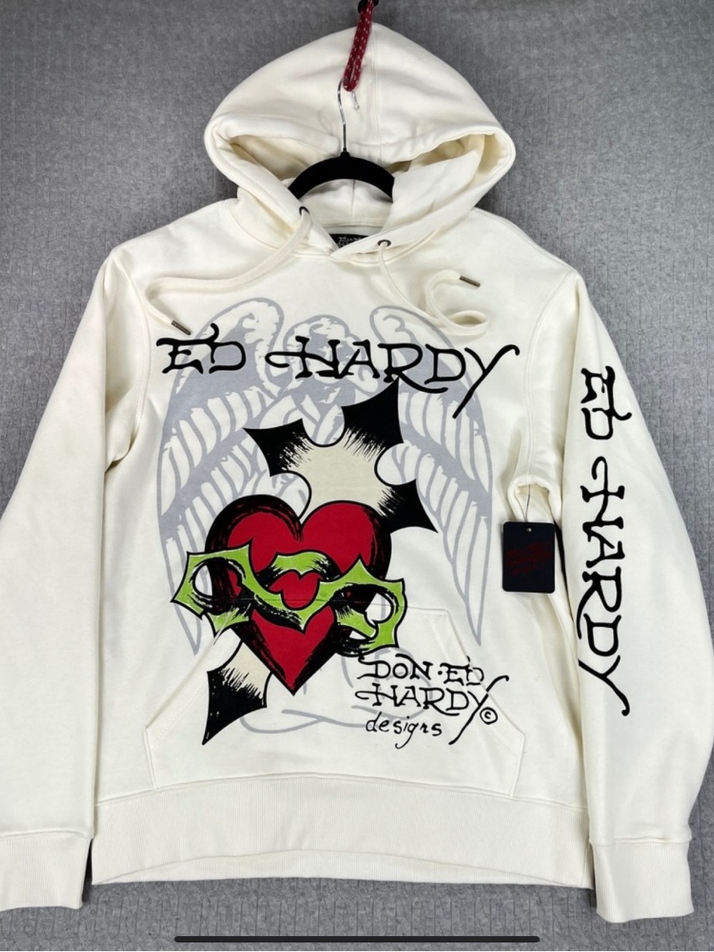 Ed Hardy Cream Crewneck Hoodie with Red Heart Graphic